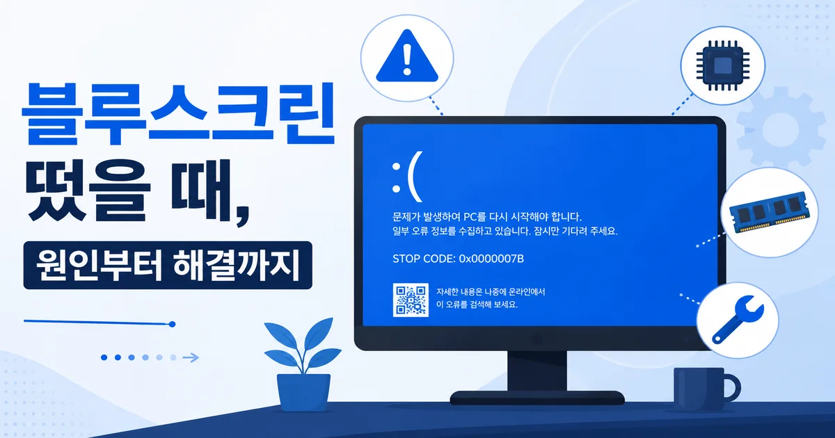 블루스크린 오류 화면과 컴퓨터 부품을 표현한 삽화