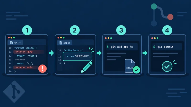 충돌 마커 확인, 코드 수정, git add, git commit으로 이어지는 Git 머지 충돌 해결 4단계