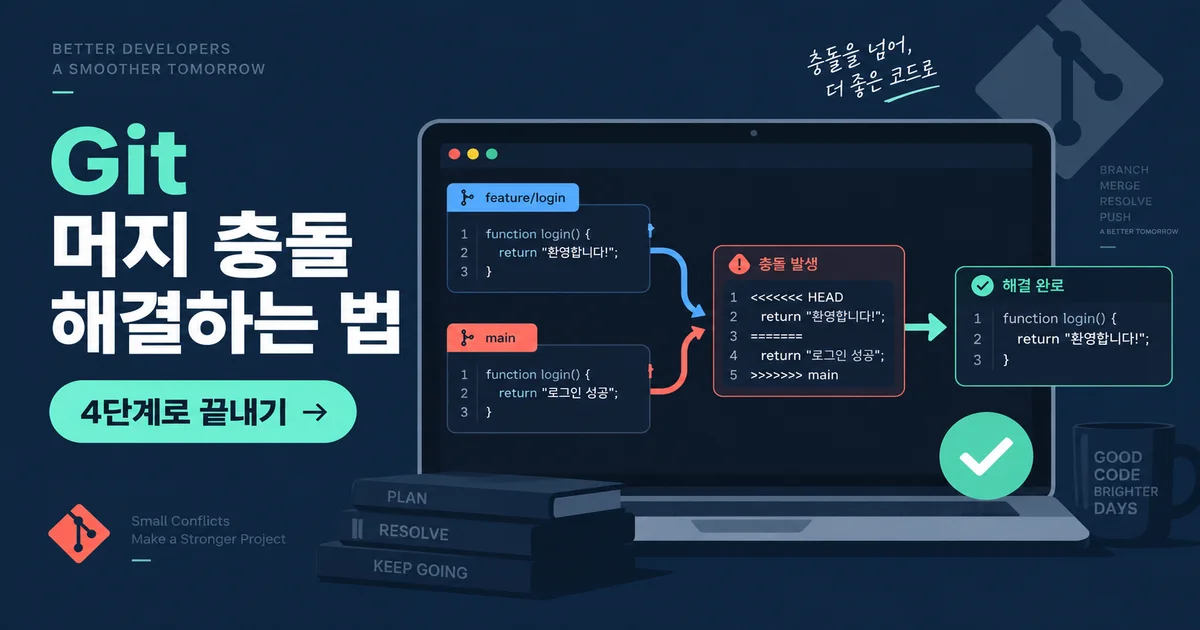 Git 머지 충돌을 4단계로 해결하는 과정을 보여주는 코드 병합 화면