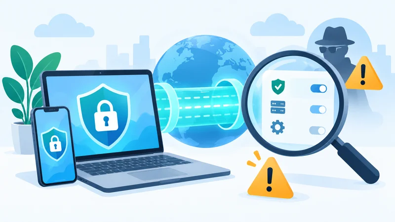 VPN 연결 전 운영 주체와 보안 설정을 점검하는 모습을 표현한 일러스트