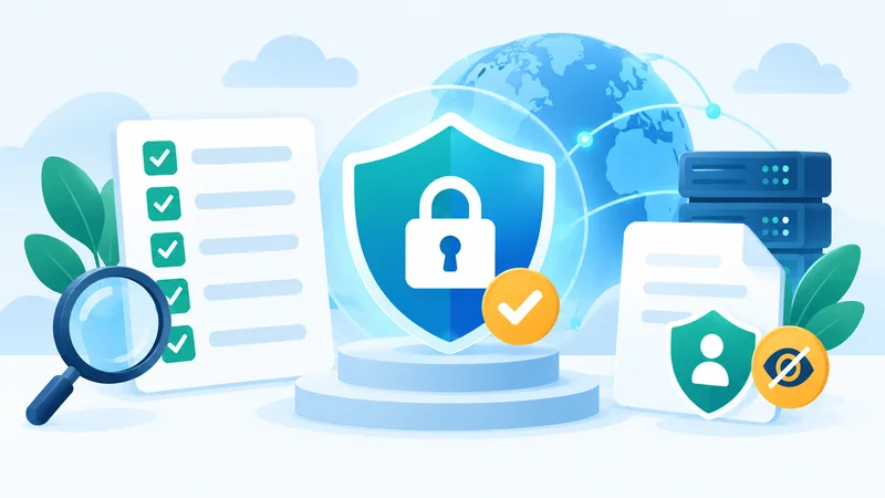 로그 정책과 서버 보안 등 안전한 VPN 선택 기준을 확인하는 일러스트