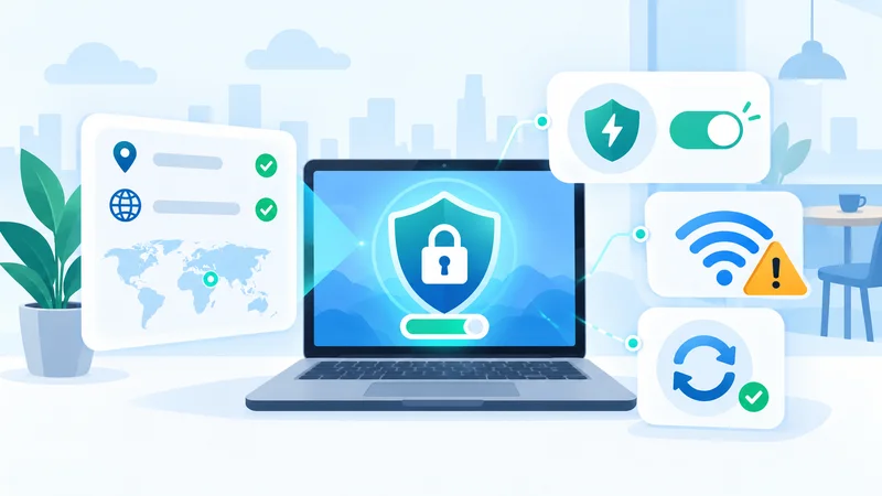 VPN 연결 후 IP 위치와 킬 스위치, 공공 와이파이 보안을 점검하는 일러스트