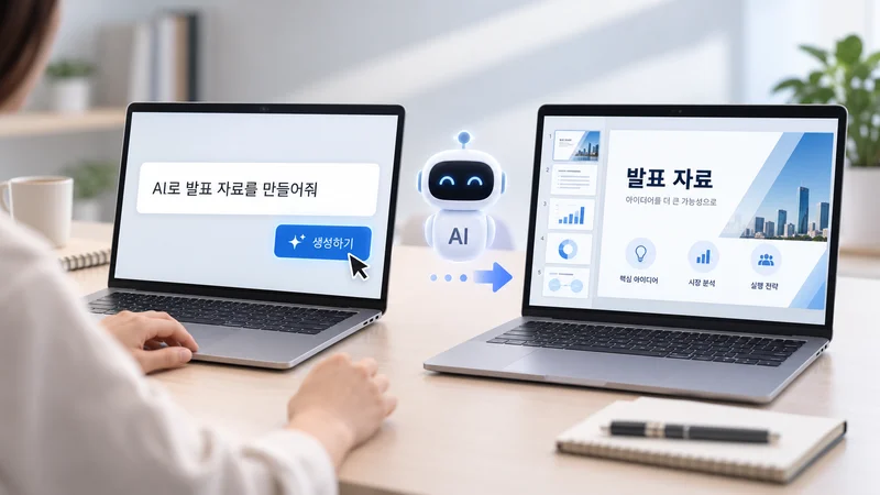 빈 슬라이드 템플릿과 자동 생성된 화려한 슬라이드 덱이 스플릿 스크린 데스크톱에 표시