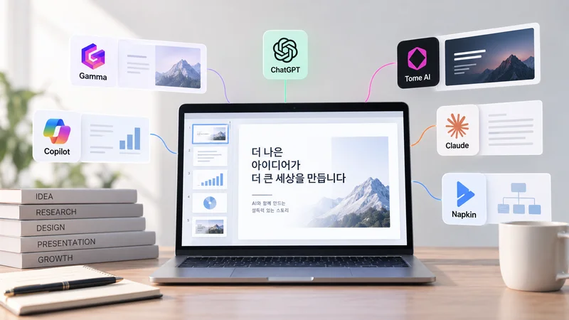 모니터 화면에 프레젠테이션 소프트웨어 아이콘들이 줄지어 나열되어 있다.