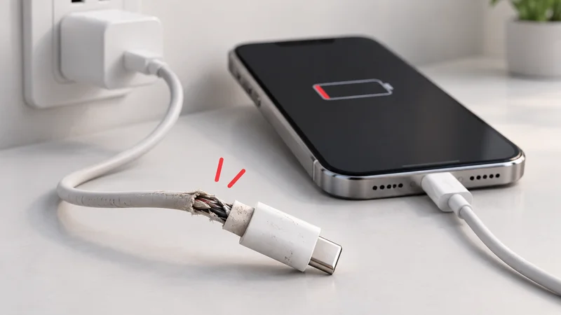 충전되지 않는 아이폰과 손상된 USB-C 케이블을 보여주며 케이블 고장이 원인일 수 있음을 강조한 이미지