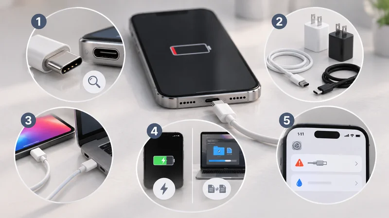 아이폰 USB-C 케이블의 커넥터 점검, 다른 기기 테스트, 충전 및 데이터 확인 등 고장 여부를 확인하는 5단계 과정을 보여주는 이미지
