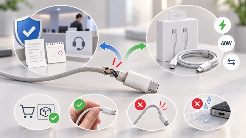 고장 난 USB-C 케이블 교체 전 보증 확인과 새 케이블 선택 기준 및 올바른 관리 방법을 보여주는 이미지