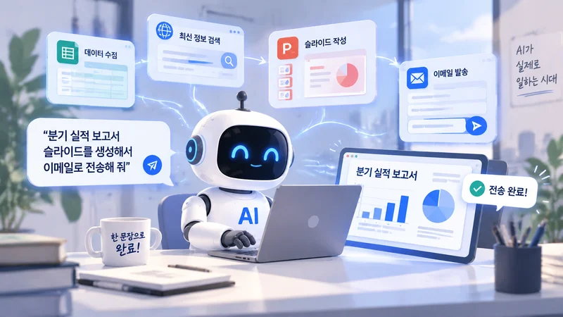 AI 에이전트가 사용자의 한 문장 명령을 바탕으로 데이터를 집계하고 슬라이드를 작성해 이메일까지 자동 전송하는 업무 흐름을 보여주는 모습