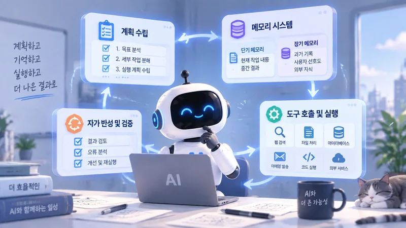 계획 수립, 메모리 시스템, 도구 호출, 자가 반성 및 검증으로 구성된 에이전틱 AI 핵심 아키텍처를 표현한 모습
