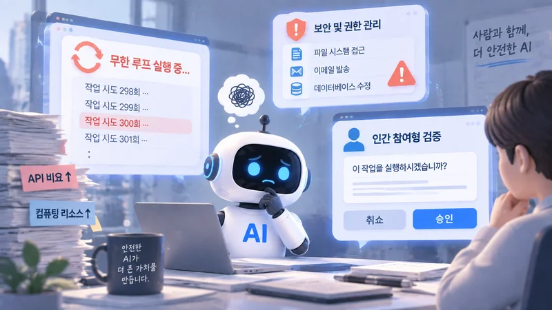 에이전틱 AI 도입 시 발생할 수 있는 무한 루프 비용 증가, 보안 위험, 인간 검증 필요성을 나타낸 모습