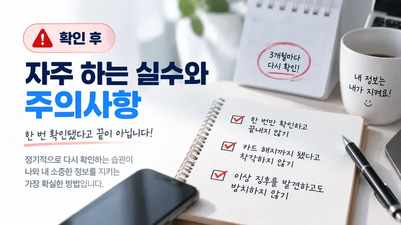 명의도용 확인 후 정기 점검과 주의사항을 체크리스트와 달력으로 안내하는 개인정보 보호 이미지