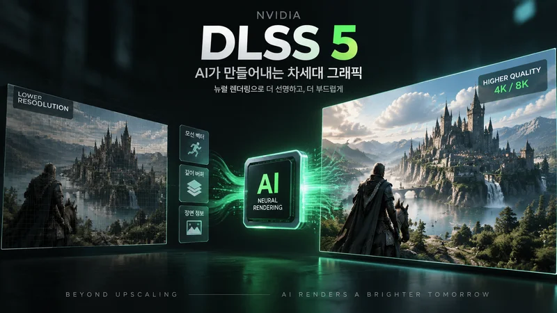 AI 칩과 게임 화면이 연결된 모습으로 DLSS 5 뉴럴 렌더링의 작동 원리를 표현한 이미지