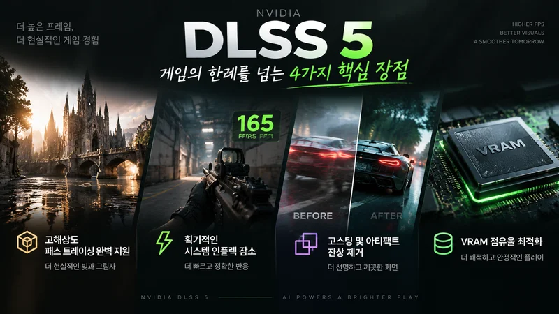 DLSS 5가 게임 화면의 조명과 재질 표현을 개선하는 모습을 보여주는 게임 기술 이미지