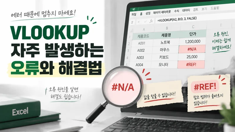 VLOOKUP 사용 중 발생하는 #N/A와 #REF! 오류 원인 및 해결 방법을 보여주는 엑셀 문제 해결 이미지