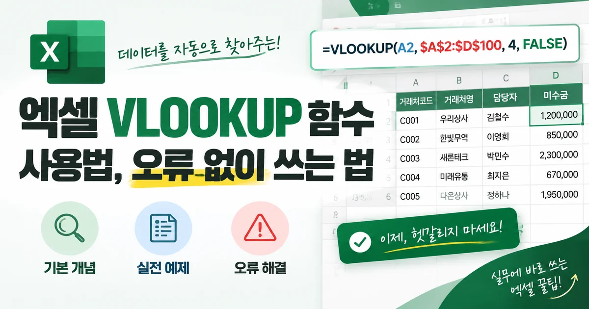 엑셀 표에서 VLOOKUP 함수로 값을 조회하는 과정을 나타낸 일러스트