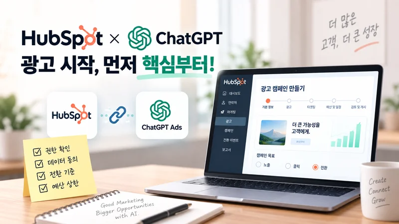 HubSpot과 ChatGPT Ads 계정을 연결하고 권한·데이터 동의·전환 기준·예산 상한을 확인하는 광고 시작 화면