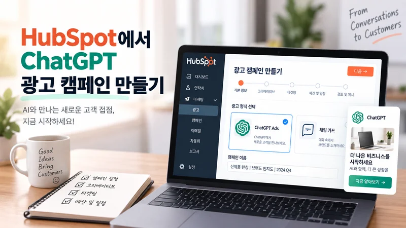 HubSpot에서 ChatGPT Ads 광고 형식을 선택하고 크리에이티브·타겟팅·예산·일정을 설정해 광고 캠페인을 만드는 화면