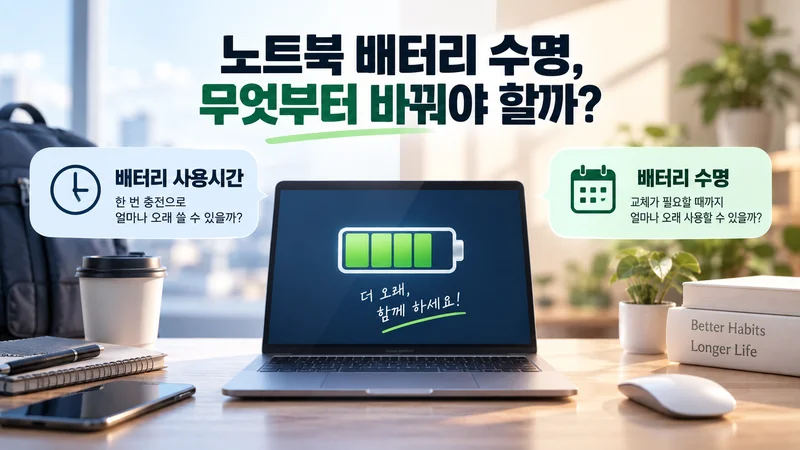 노트북 배터리 사용시간과 장기적인 배터리 수명의 차이를 비교해 무엇부터 점검해야 하는지 보여주는 이미지