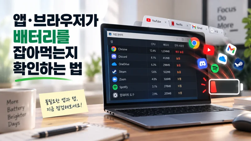 작업 관리자와 브라우저 탭을 통해 배터리를 많이 소모하는 앱과 백그라운드 프로그램을 확인하는 이미지