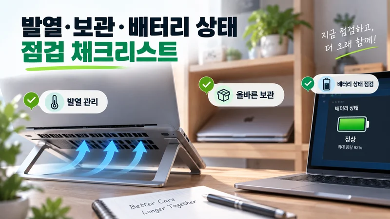 노트북의 발열 관리와 올바른 보관 방법, 배터리 상태 점검을 함께 보여주는 이미지