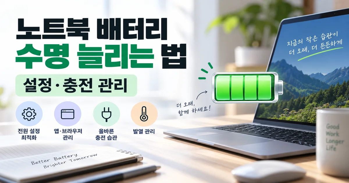 노트북 배터리 절약 설정과 충전 제한을 나타낸 일러스트