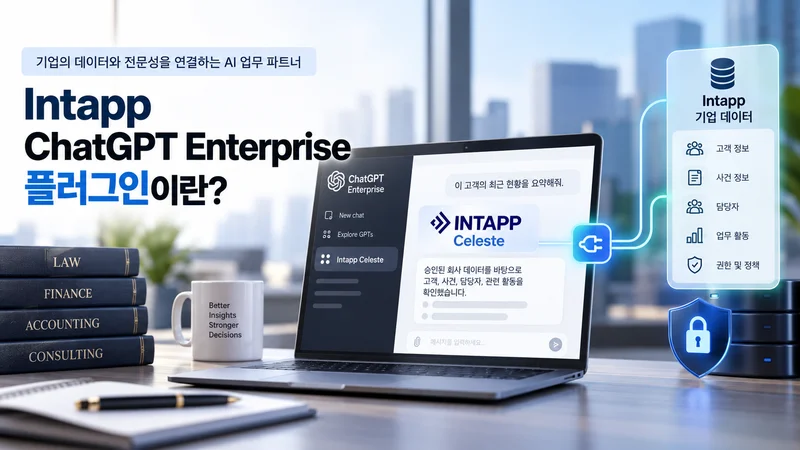 Intapp Celeste가 ChatGPT Enterprise와 연결되어 고객·사건·담당자 등 승인된 기업 데이터를 활용하는 모습을 보여주는 이미지