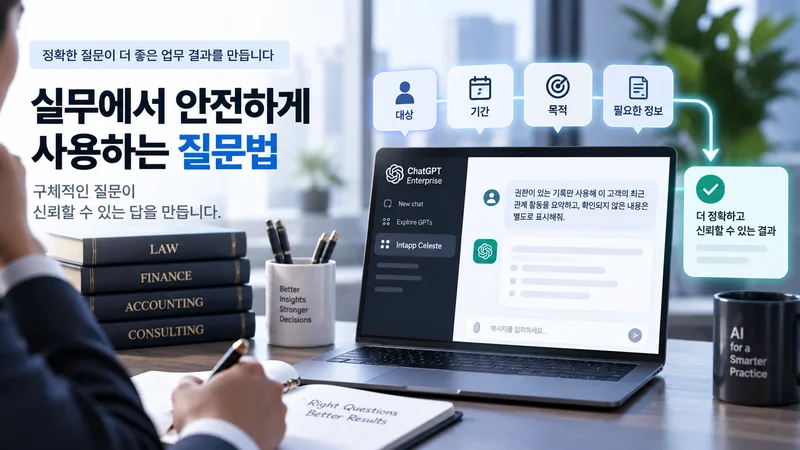 대상·기간·목적·필요 정보를 구체적으로 지정해 ChatGPT Enterprise에서 신뢰할 수 있는 업무 결과를 얻는 질문법을 표현한 이미지