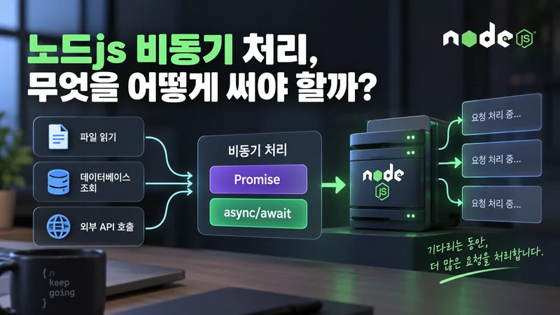 파일 읽기·데이터베이스 조회·외부 API 호출을 Promise와 async/await로 비동기 처리하는 Node.js 구조를 표현한 이미지