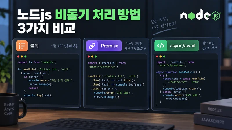 Node.js 비동기 처리 방식인 콜백, Promise, async/await의 코드 작성 방식을 나란히 비교한 이미지