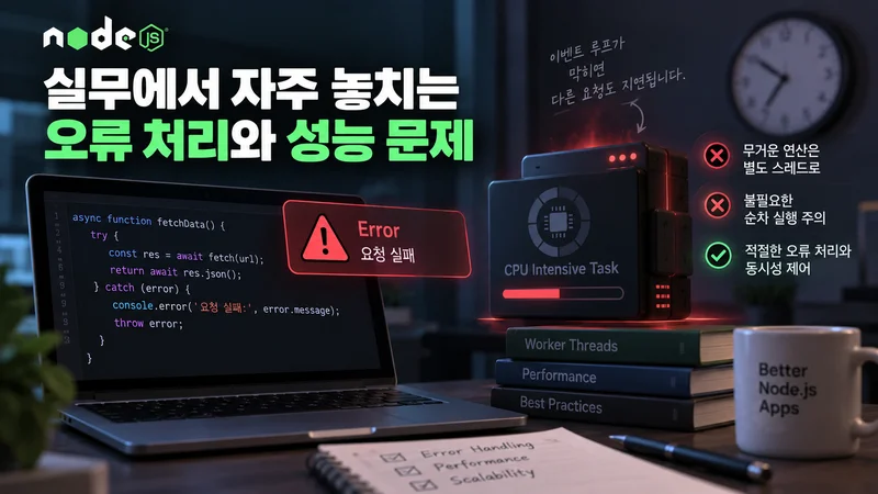 Node.js 실무에서 async/await 오류 처리와 CPU 집약 작업으로 인한 성능 문제 및 대응 방법을 표현한 이미지