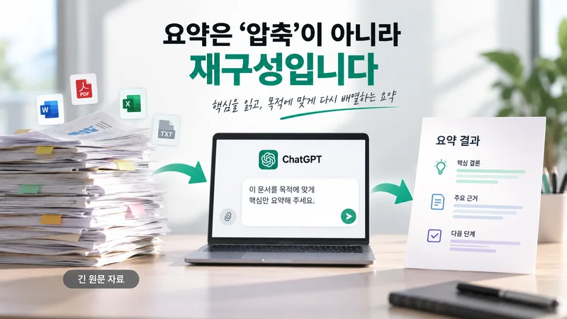 PDF와 긴 자료를 목차부터 필요한 장까지 단계적으로 확인하고 ChatGPT로 정확하게 요약하는 과정을 보여주는 이미지