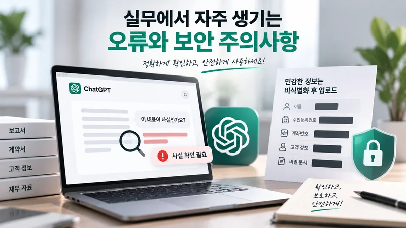민감한 정보를 비식별화한 뒤 업로드하고 ChatGPT 요약 내용의 사실 여부를 검증하는 보안 주의사항 이미지