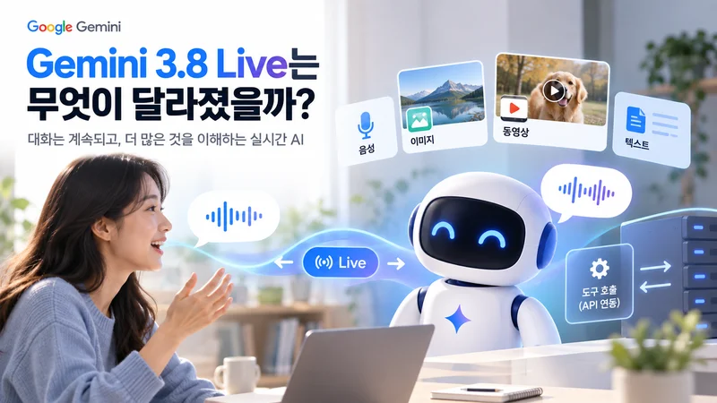 Gemini 3.8 Live가 음성·이미지·영상·텍스트를 실시간으로 처리하고 API 도구 호출까지 이어가는 모습을 표현한 이미지