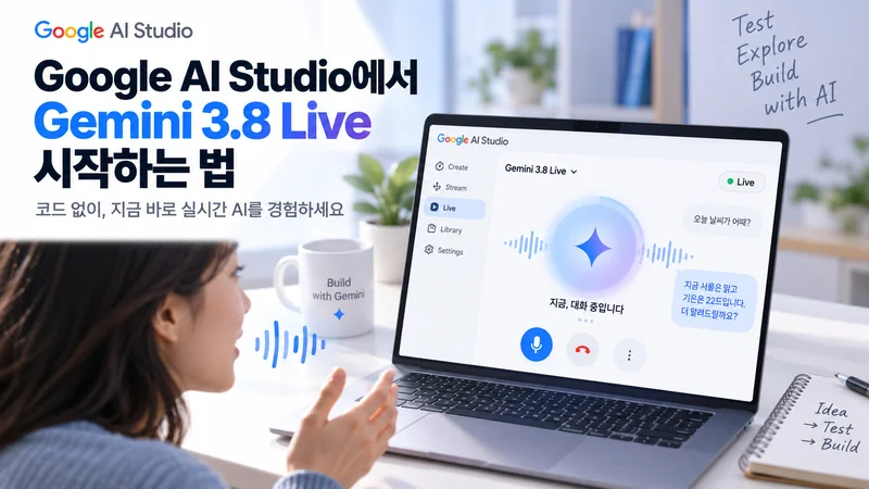 Google AI Studio에서 Gemini 3.8 Live를 선택하고 음성 대화를 테스트하며 기능을 검증하는 모습을 표현한 이미지