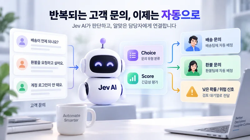 고객 문의를 Jev AI가 Choice로 유형을 분류하고 Score로 긴급성을 평가해 담당팀 자동 배정 또는 검토 대기열로 보내는 흐름을 표현한 이미지