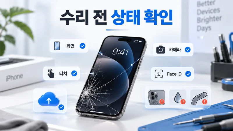 액정이 깨진 아이폰의 화면·터치·카메라·Face ID와 추가 손상 여부를 수리 전에 점검하는 이미지