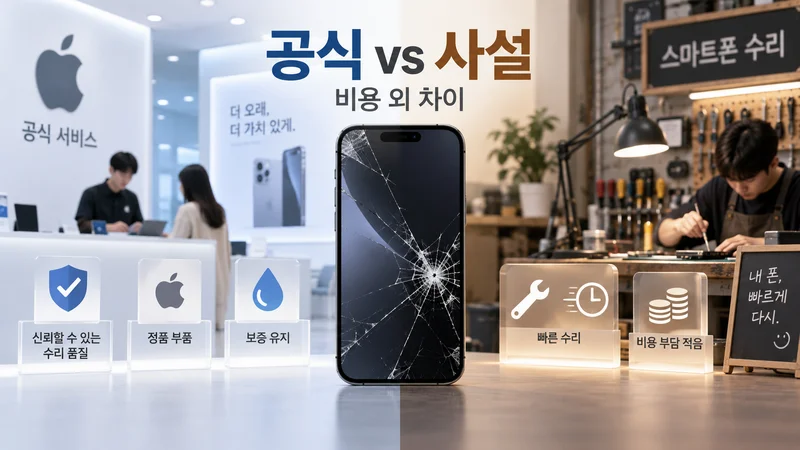 깨진 아이폰을 사이에 두고 공식 서비스의 신뢰성과 사설 수리의 비용·속도 차이를 비교한 이미지
