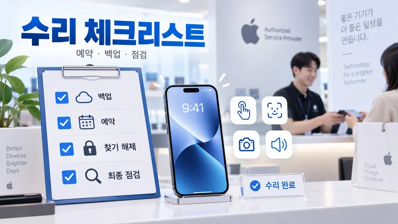 아이폰 수리 전 백업·예약·나의 찾기 해제와 수령 후 주요 기능 점검 항목을 보여주는 체크리스트 이미지