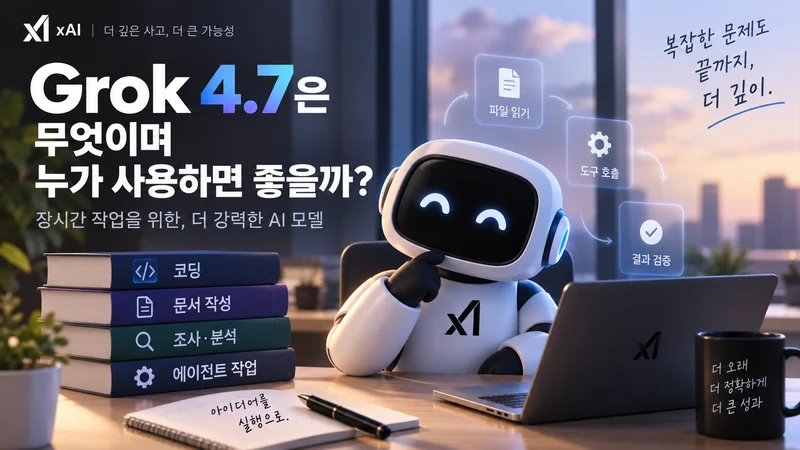 Grok 4.6에서 Grok 4.7로 발전하며 더 긴 작업과 자체 검증, 안전장치가 강화된 모습을 표현한 이미지
