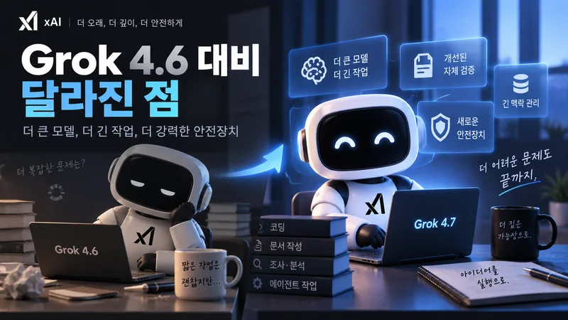 Grok 4.7과 Grok 4.6, GPT-5.6 Sol, Claude Fable 5.1을 코딩·에이전트·문서 업무 관점에서 비교한 이미지