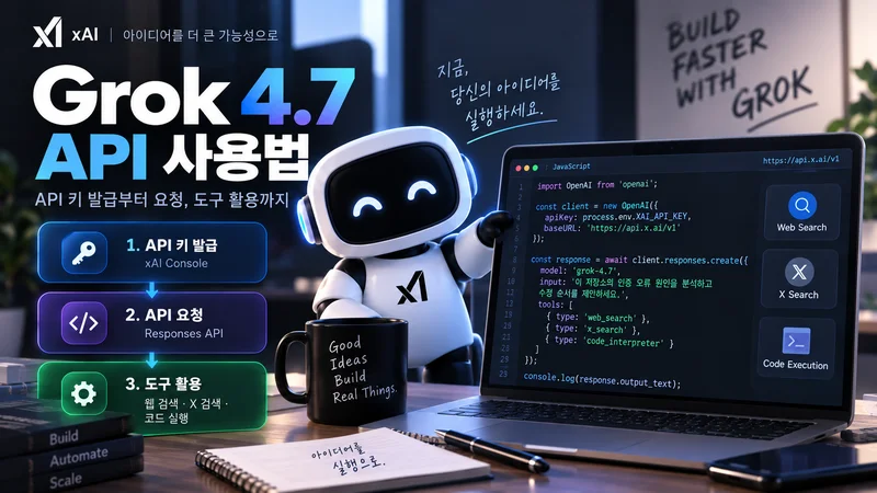 Grok Build와 Cursor에서 Grok 4.7을 활용해 프로젝트를 분석하고 코드를 수정·테스트하는 개발 환경 이미지