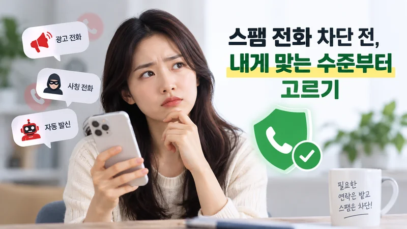 광고 전화·사칭 전화·자동 발신 유형을 확인하며 자신에게 맞는 스팸 전화 차단 수준을 고민하는 여성의 모습