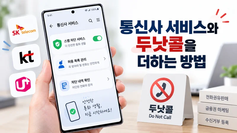 통신사 앱 화면과 수신거부 등록 확인서, 유심 카드가 나란히 놓인 모습