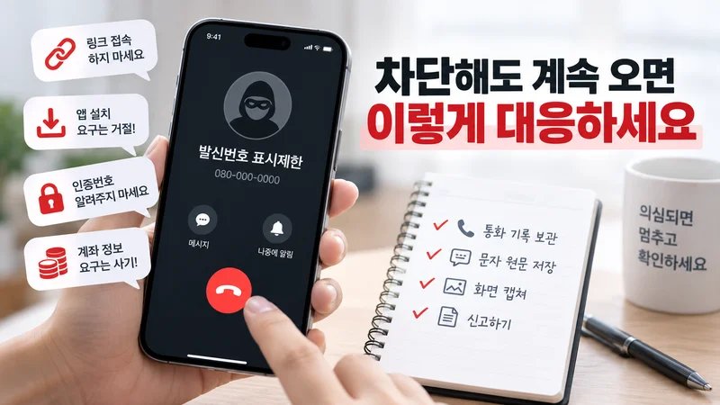 발신번호 표시제한 의심 전화를 끊고 링크·앱 설치·인증번호·계좌 정보 요구를 거절한 뒤 통화 기록과 문자 내용을 보관해 신고하는 대응 방법을 보여주는 이미지