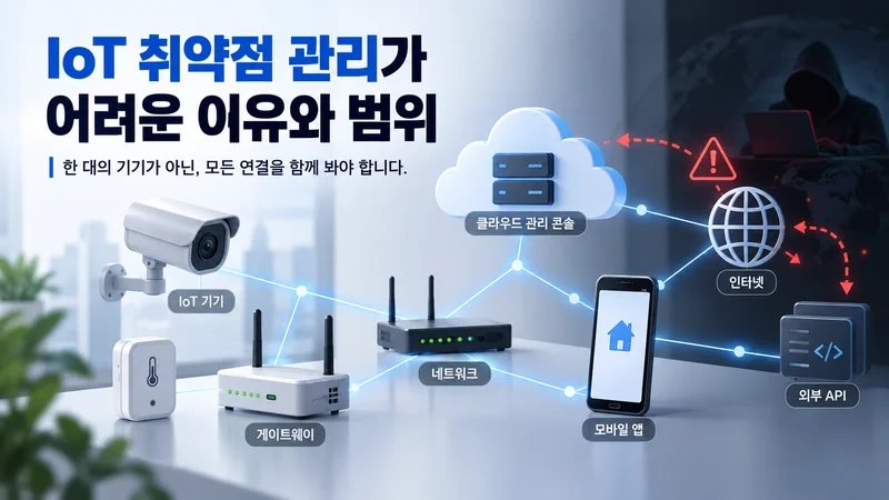 IoT 기기와 게이트웨이·클라우드·모바일 앱·외부 API의 연결 구조와 인터넷 침해 위험을 표현한 이미지
