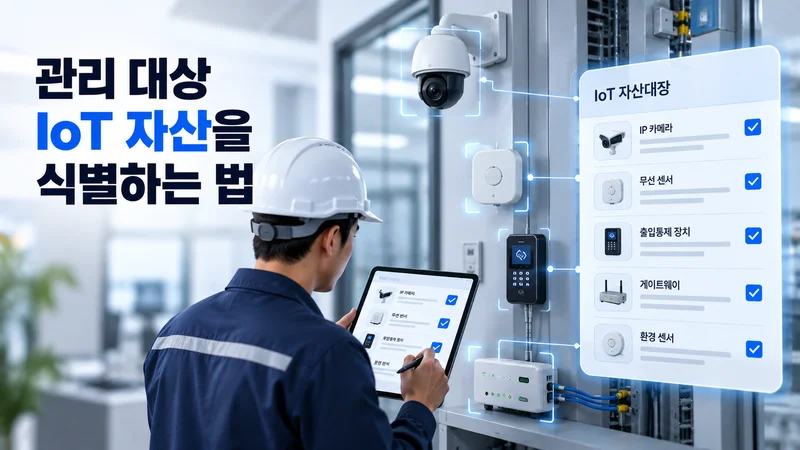 현장 담당자가 카메라·센서·출입통제 장치·게이트웨이를 확인하며 IoT 자산대장을 작성하는 모습