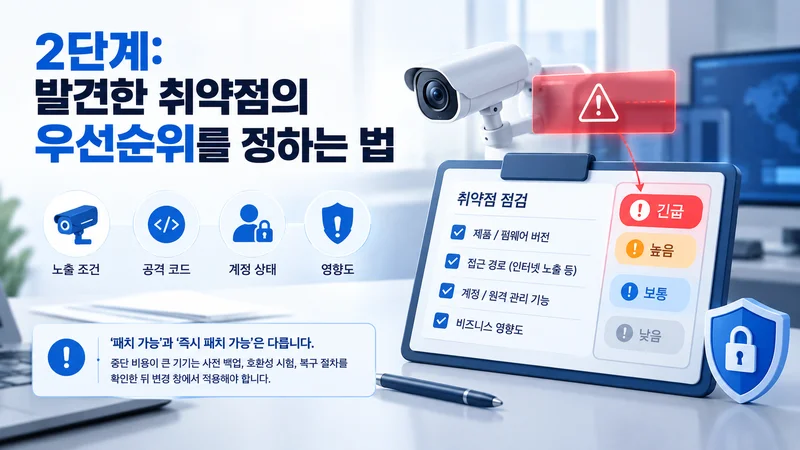 IoT 취약점의 노출 조건과 공격 가능성·계정 상태·업무 영향을 확인해 긴급도를 정하는 우선순위 점검 이미지