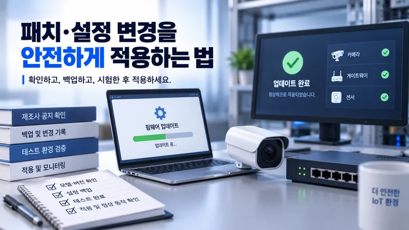 IoT 기기의 펌웨어와 설정 변경 전 제조사 공지 확인·백업·테스트를 거쳐 안전하게 업데이트하는 모습
