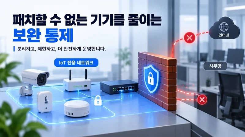 패치가 어려운 IoT 기기를 전용 네트워크로 분리하고 방화벽으로 사무망과 인터넷 접근을 제한하는 보완 통제 이미지