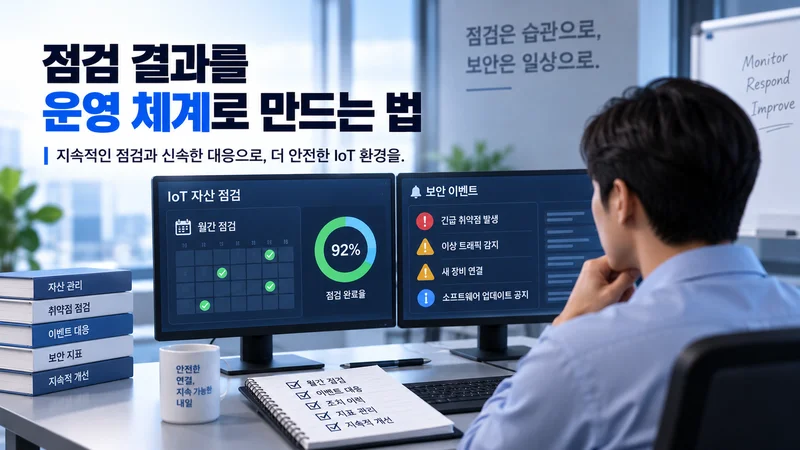 IoT 자산의 월간 점검 현황과 보안 이벤트를 모니터링하며 점검 결과를 지속적인 운영 체계로 관리하는 모습